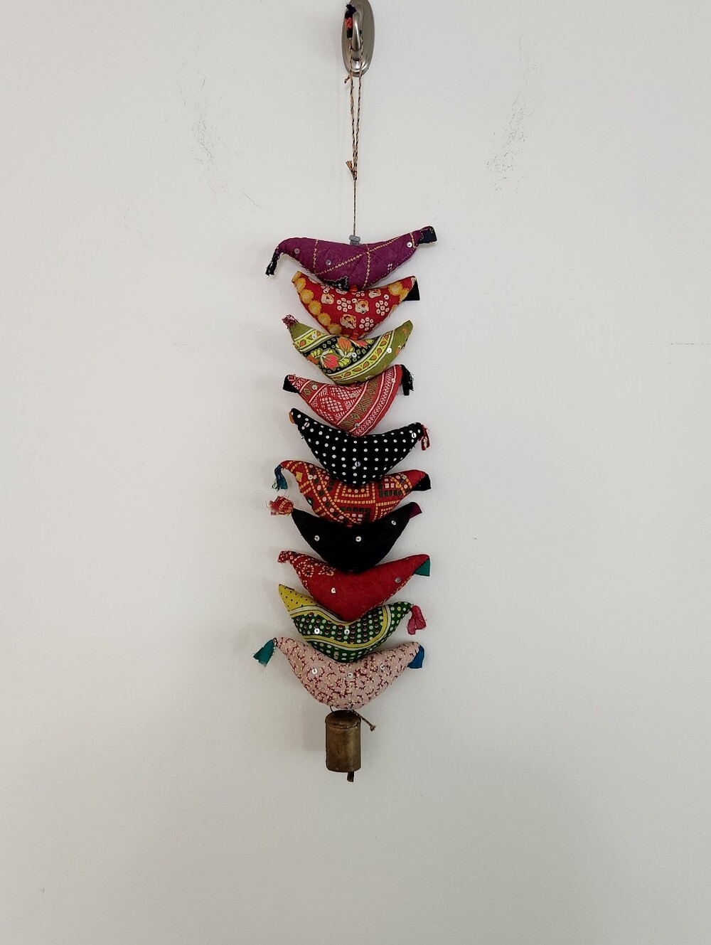10 Fabric Bird Tota Hanging Garland with Bell Colorful Boho Wall Decor